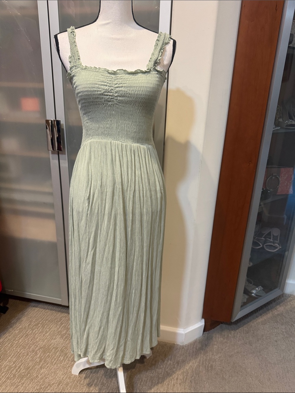 Smocked Ruffle-Strap Maxi Dress in Sage Green